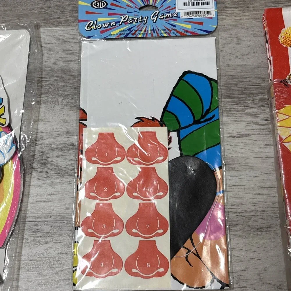 Vtg Birthday Party Supplies Clown Cake Toppers Game Cloth Honeycomb Centerpiece